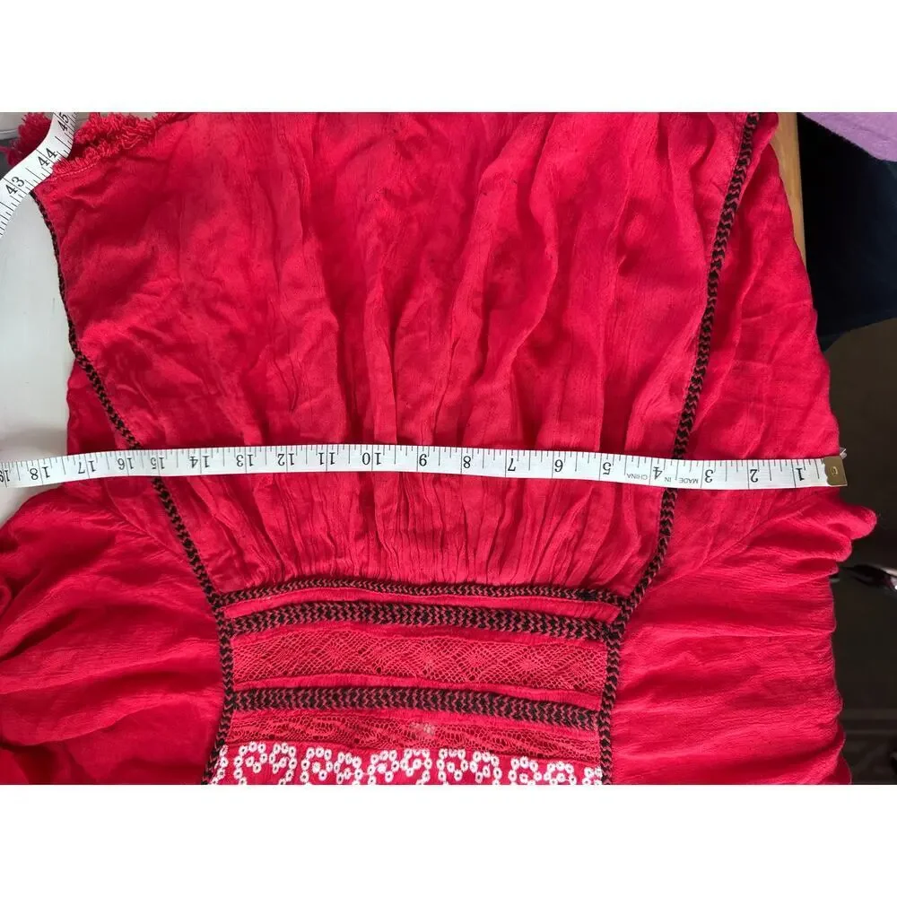 Free People Red Boho‎ Embroidered Lace Peasant Top Women’s Size S
